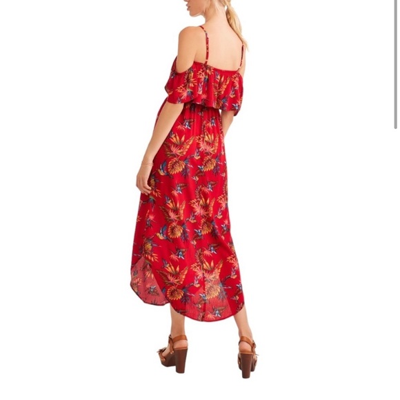 No Boundaries Red Maxi Hummingbird Pattern Cold Shoulder Sundress Women’s Small - Picture 2 of 14